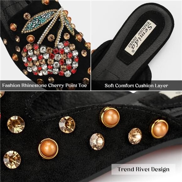 Mules for Women Flats Comfortable Soft Memory Foam Insole Cherry Pointed Rivet - Picture 5 of 9